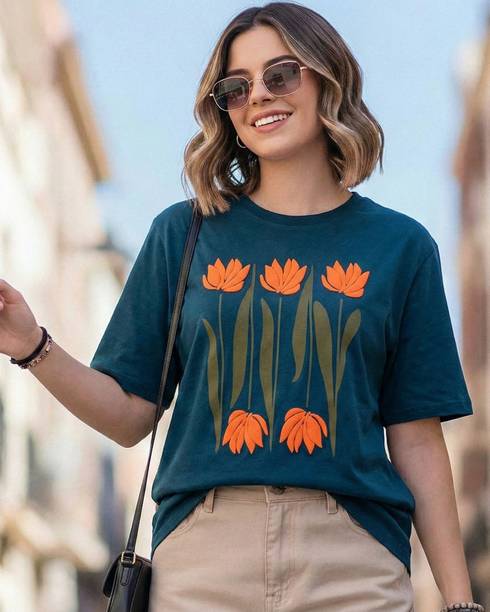 Women Geometric Print, Printed Round Neck Pure Cotton Green T-Shirt