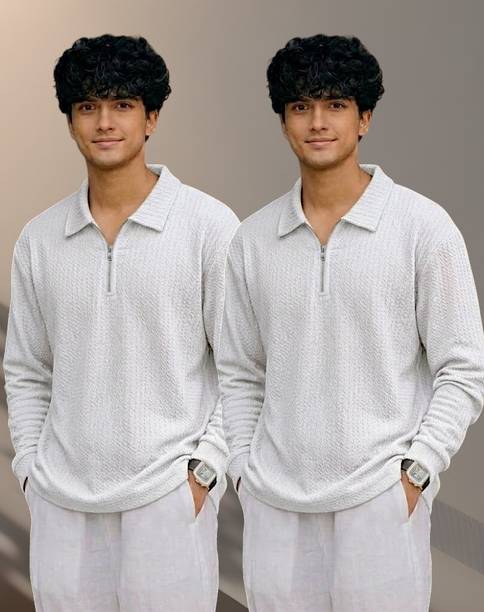 Pack of 2 Men Self Design Zip Neck Polyester Maroon, White T-Shirt