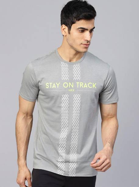 Men Printed Round Neck Pure Cotton Grey T-Shirt