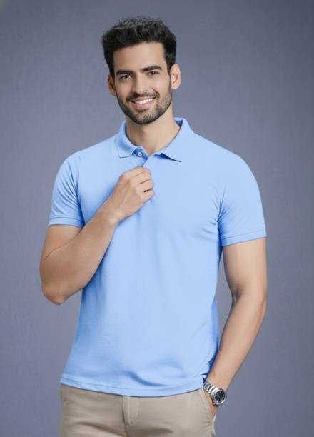 Men Solid Polo Neck Polyester Light Blue T-Shirt