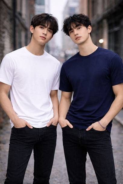 Pack of 2 Men Solid Round Neck Pure Cotton Navy Blue, White T-Shirt