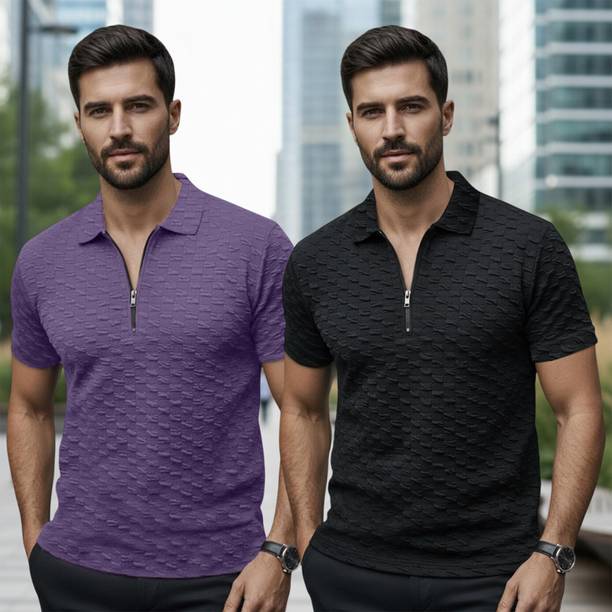 Self Design Men Zip Neck Polycotton Multicolor T-Shirt