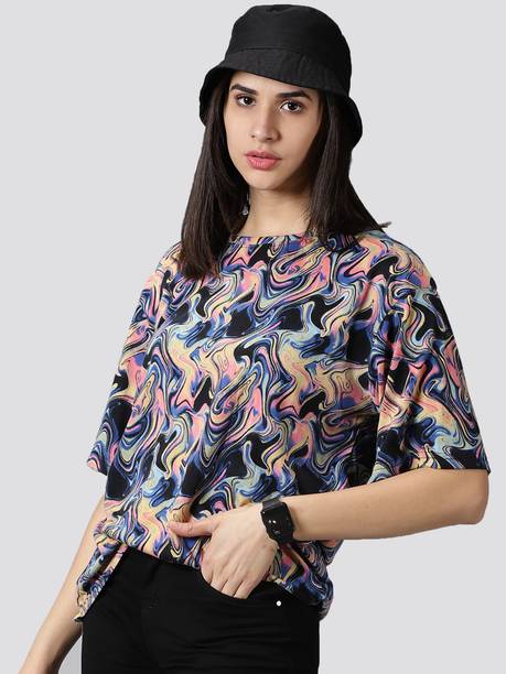 Women Printed Round Neck Cotton Blend Multicolor T-Shirt