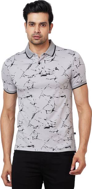 Men Printed Polo Neck Viscose Rayon Grey T-Shirt