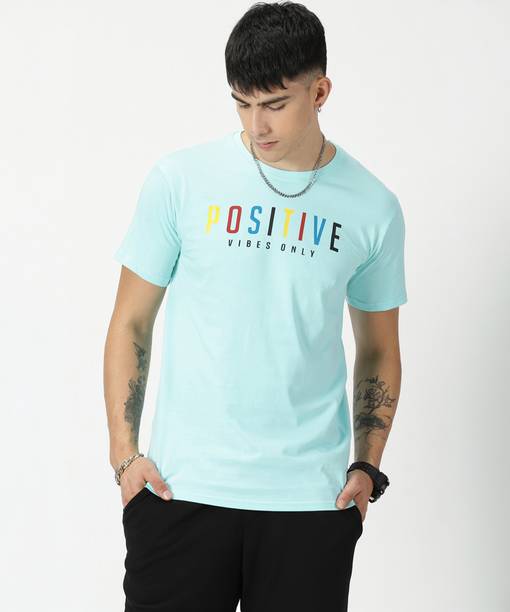 Men Typography Round Neck Pure Cotton Light Blue T-Shirt