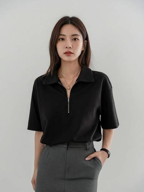 Women Solid Zip Neck Reversible Cotton Blend Black T-Shirt