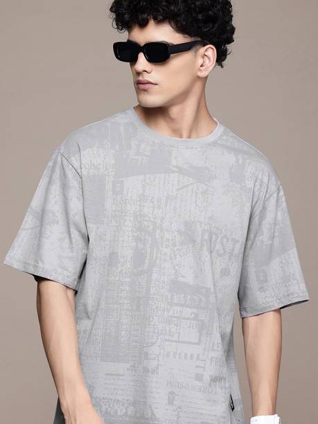 Roadster Men Printed Round Neck Pure Cotton Grey T-Shirt