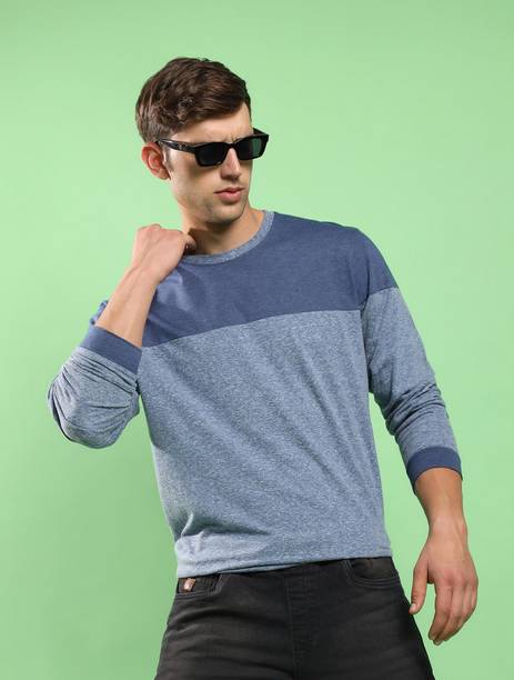CAHOOT Men Colorblock Round Neck Pure Cotton Blue T-Shirt