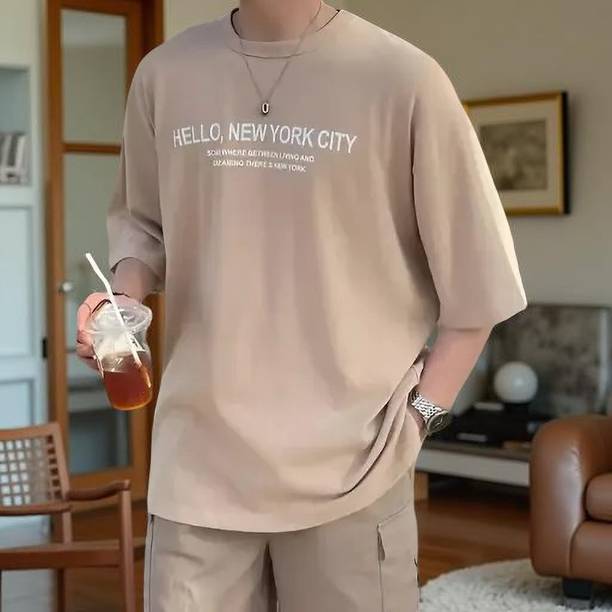 Men Typography, Printed Round Neck Cotton Blend Beige T-Shirt