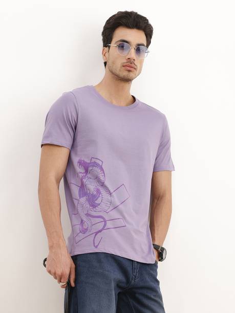 Men Graphic Print Crew Neck Pure Cotton Purple T-Shirt