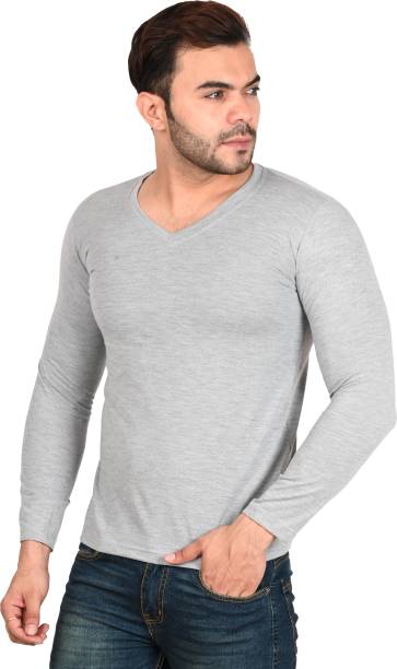 Debut Solid Men V Neck Grey T-Shirt