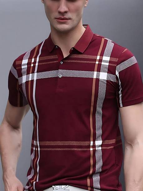 Men Checkered Polo Neck Cotton Blend Maroon, White T-Sh