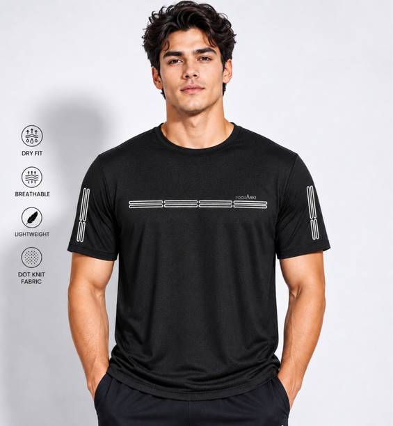 Men Printed Round Neck Nylon Black T-Shirt