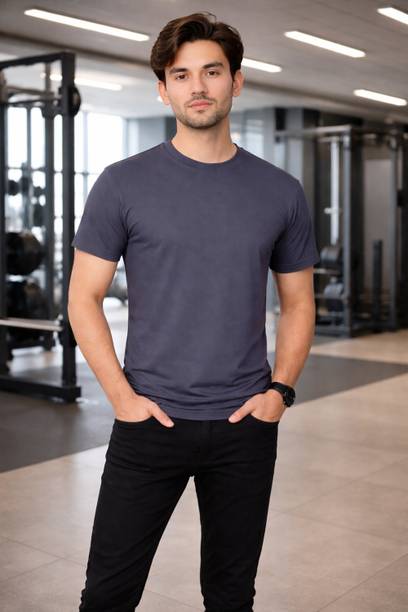 Moda Rapido Men Self Design, Solid Round Neck Polyester Grey T-Shirt
