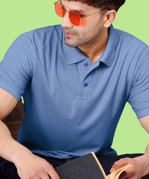 Men Solid Polo Neck Cotton Blend Light Blue T-Shirt