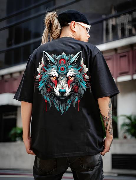 BUKKL Men Printed Round Neck Pure Cotton Black T-Shirt