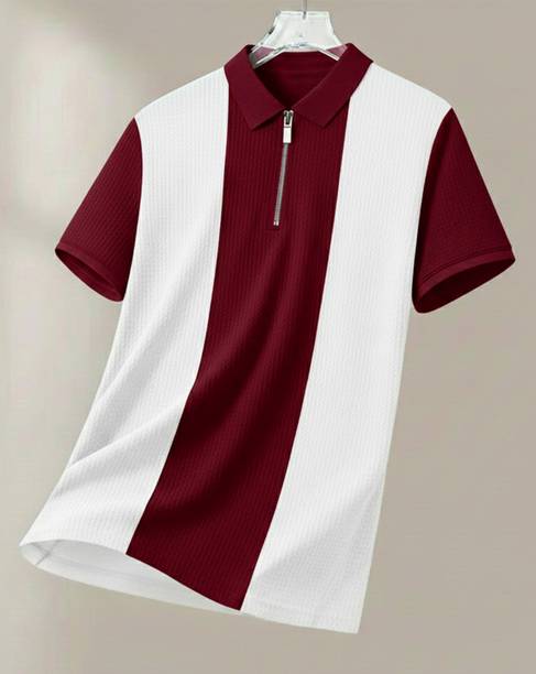 Men Checkered Polo Neck Cotton Blend Maroon, White T-Sh