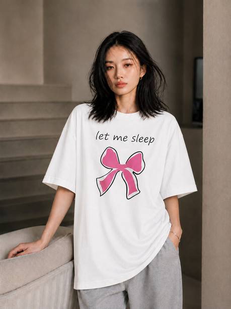 Brave One Women Printed Round Neck Cotton Blend White T-Shirt