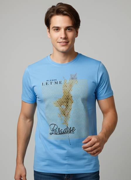 Men Graphic Print Round Neck Cotton Blend Blue T-Shirt