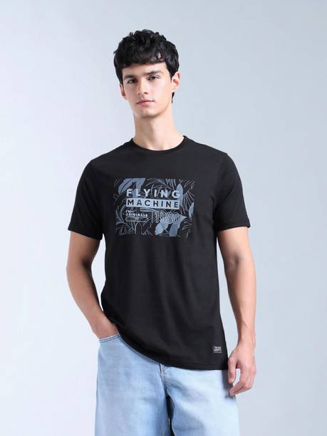 Men Graphic Print Crew Neck Pure Cotton Black T-Shirt