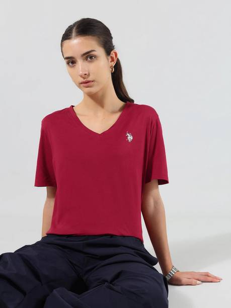 Women Solid V Neck Cotton Blend Red T-Shirt