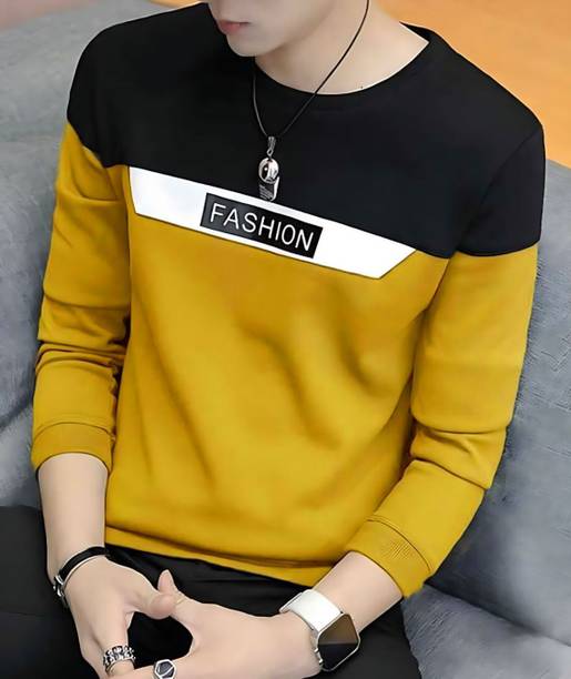 Men Self Design, Colorblock Round Neck Cotton Blend Yellow T-Shirt