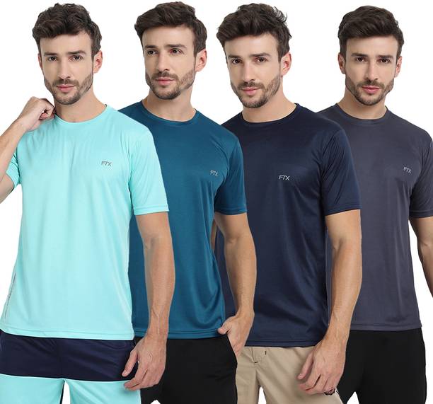 FTX Pack of 4 Men Solid Round Neck Polyester Multicolor T-Shirt