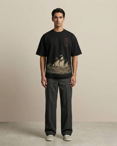 Men Graphic Print, Conversational Round Neck Pure Cotton Black T-Shirt