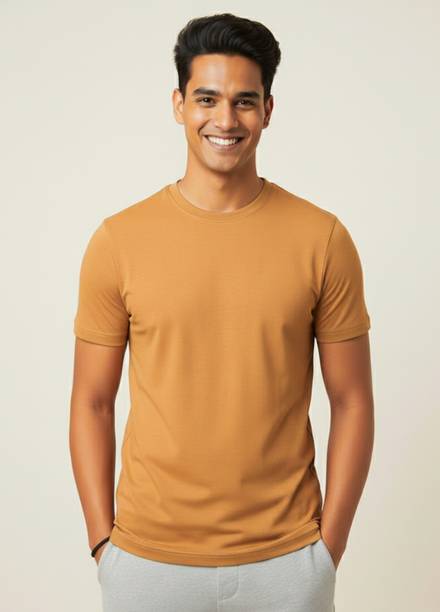 Men Self Design Round Neck Pure Cotton Orange T-Shirt