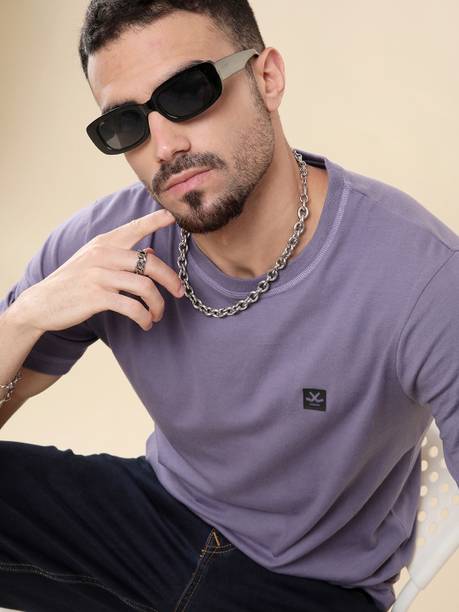 Men Solid Crew Neck Pure Cotton Purple T-Shirt