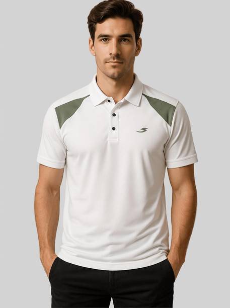 Men Colorblock Polo Neck Polyester White T-Shirt