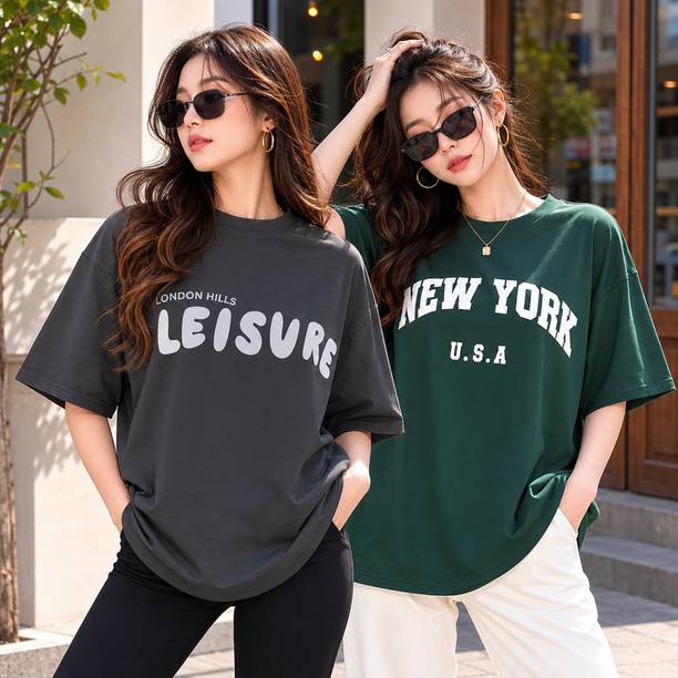 Pack of 2 Women Printed Round Neck Cotton Blend Dark Green, Grey T-Shirt