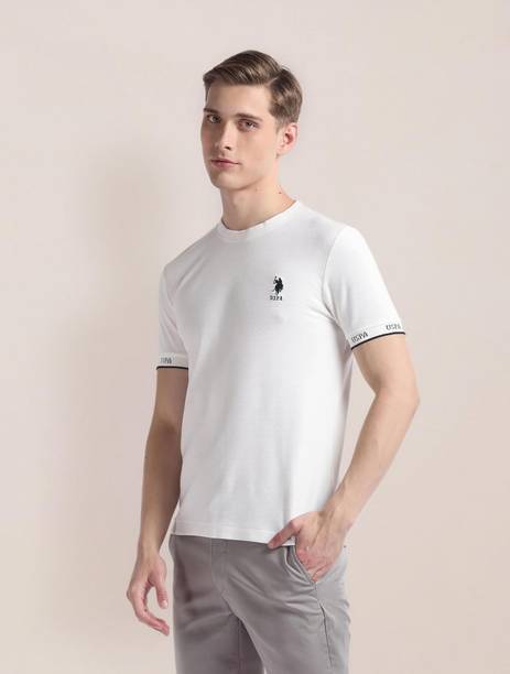 Men Striped Round Neck Pure Cotton White T-Shirt