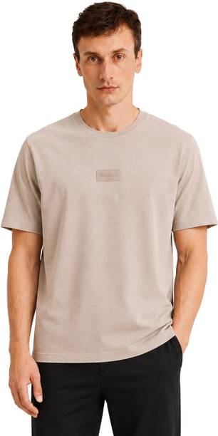 Men Solid Round Neck Polycotton Beige T-Shirt