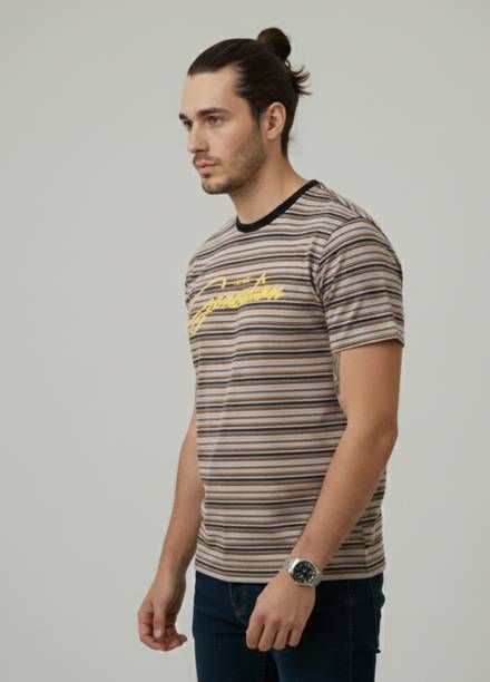 Men Striped Round Neck Cotton Blend Beige T-Shirt