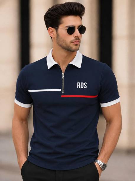 Men Striped Polo Neck Cotton Blend Navy Blue T-Shirt