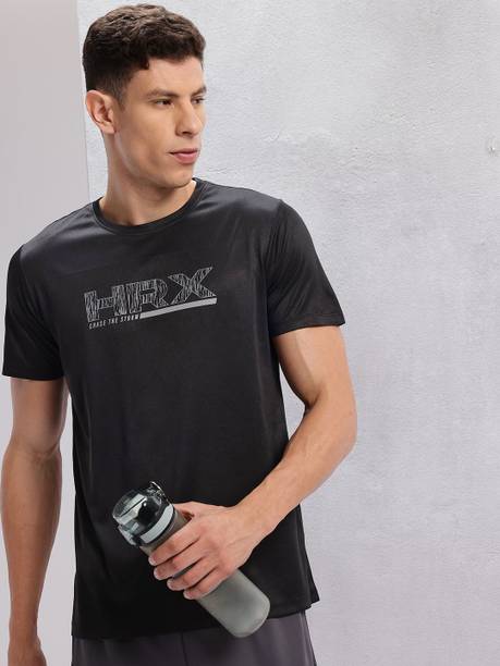 Men Typography Round Neck Polyester Black T-Shirt