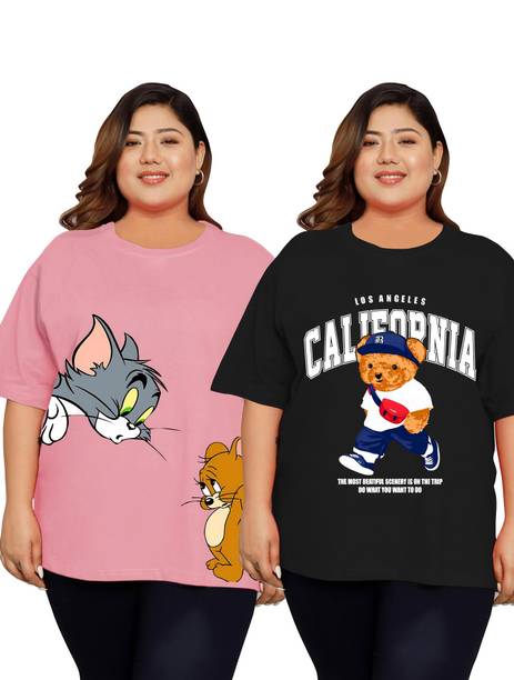 Pack of 2 Women Printed Round Neck Cotton Blend Multicolor T-Shirt