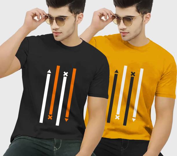 Pack of 2 Men Printed Round Neck Cotton Blend Black, Yellow T-Shirt Price in India