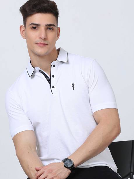 Stellers Men Solid Polo Neck Cotton Blend White T-Shirt