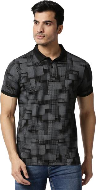 Men Printed Polo Neck Cotton Blend Black T-Shirt Price in India