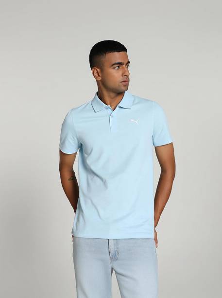 ESS Logo M Men Solid Polo Neck Pure Cotton Blue T-Shirt