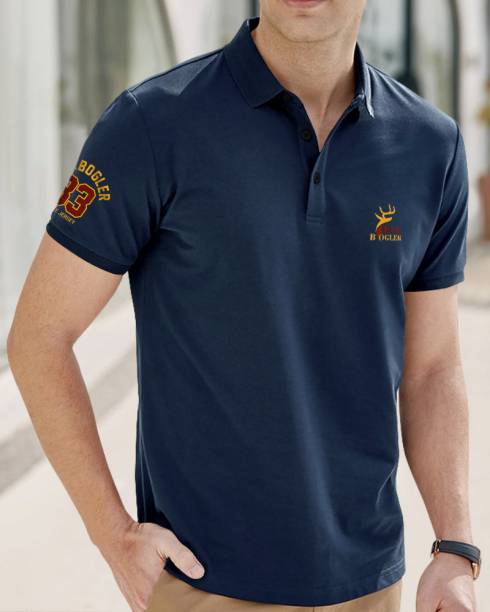 Men Typography Polo Neck Cotton Blend Navy Blue T-Shirt Price in India