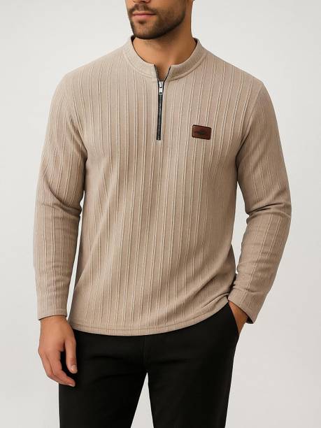 Solid Men Zip Neck Cotton Blend Beige T-Shirt