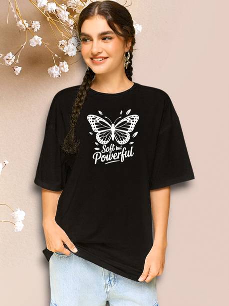 Women Printed Round Neck Cotton Blend Black T-Shirt