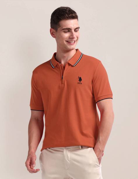 Men Striped Polo Neck Pure Cotton Orange T-Shirt