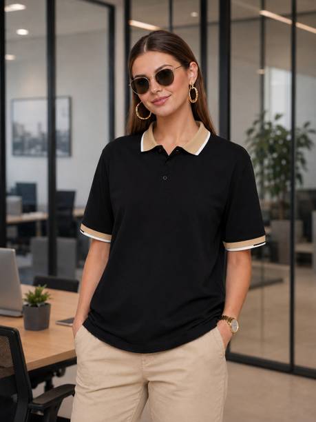 Women Colorblock Polo Neck Cotton Blend Black T-Shirt