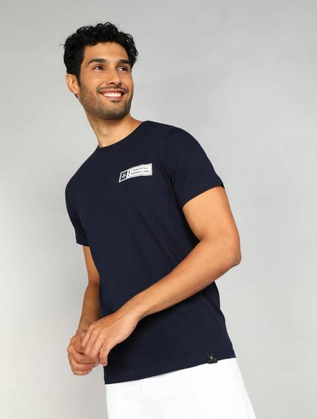 Men Solid Crew Neck Pure Cotton Blue T-Shirt