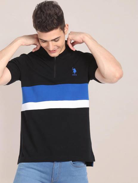 Men Colorblock Polo Neck Pure Cotton Black T-Shirt