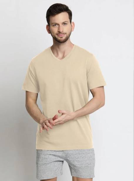 Men Solid V Neck Cotton Blend Beige T-Shirt